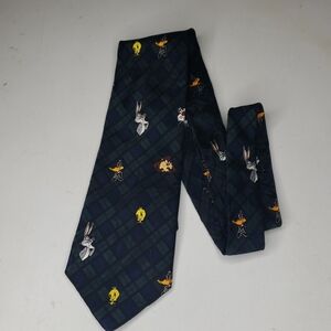 Vintage Looney Tunes Mania of Warner Bros Men Neck Tie Classic Plaid 90s Holiday